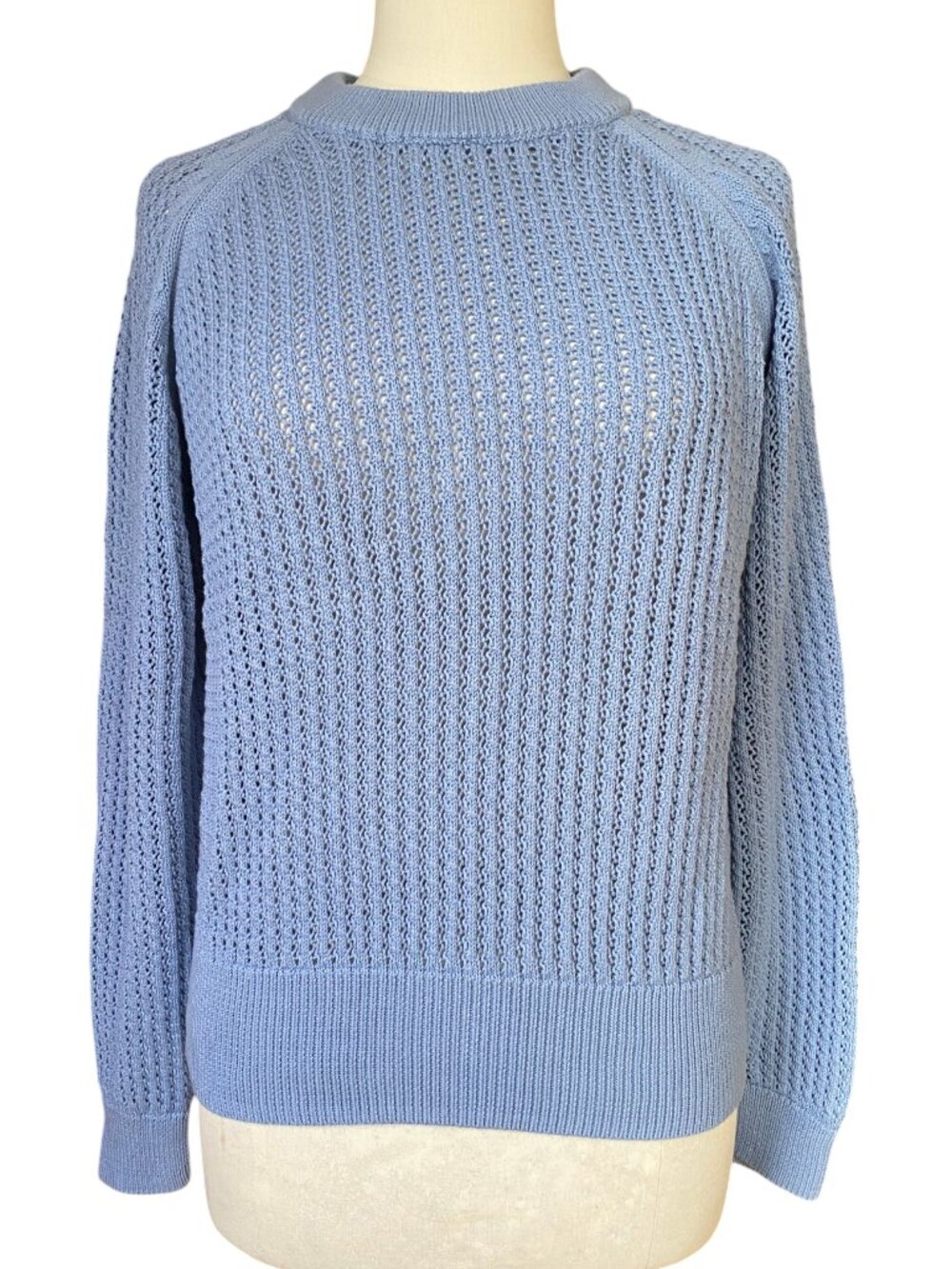 Varley Clay Knit Sweat Rain Blue Open Stitch Cotton Sweater Athleisure Coastal-M